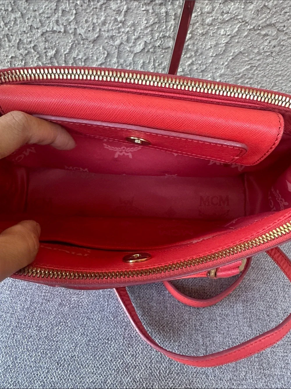 MCM Red Saffiano Leather Satchel Bag with Removable Strap